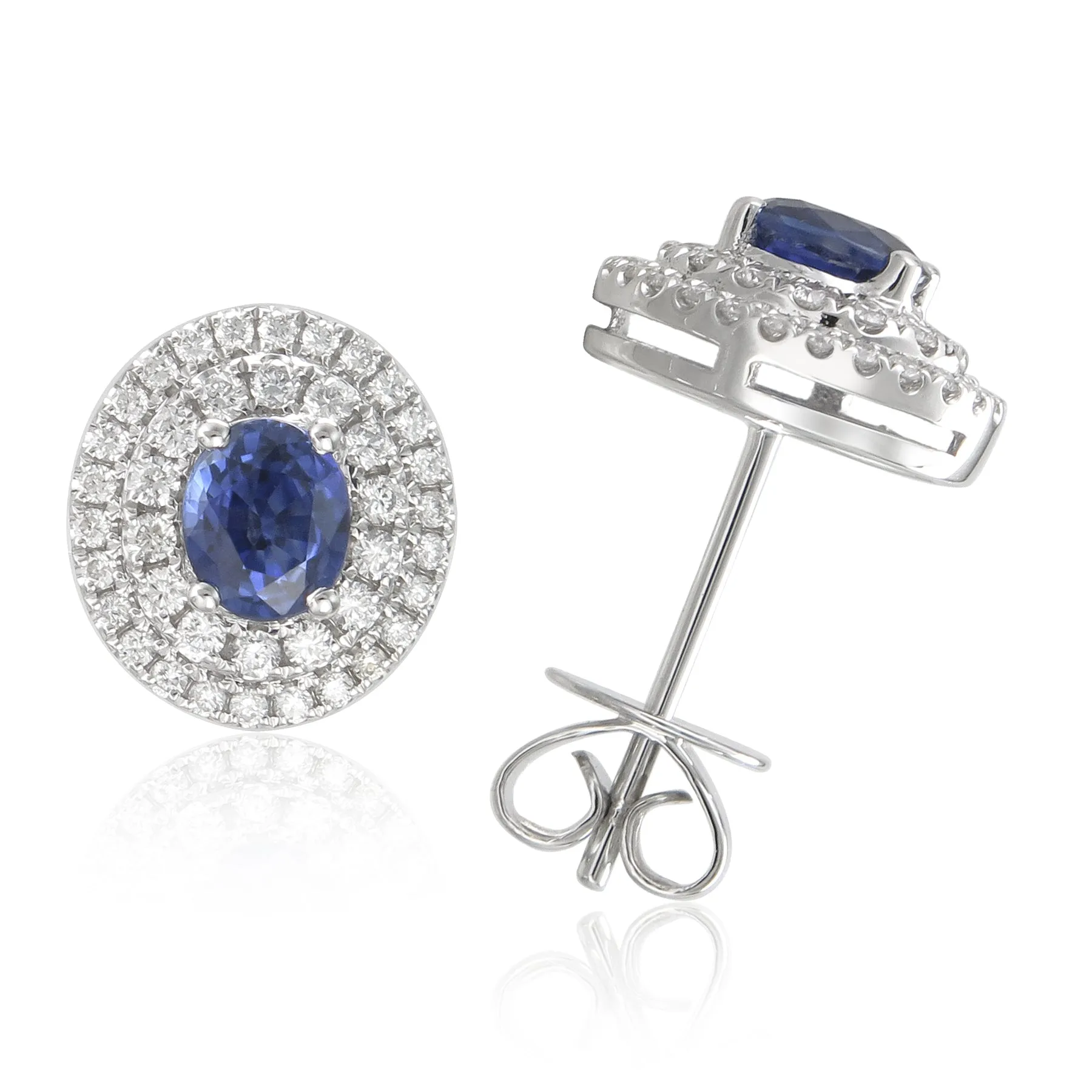 14k Gold Blue Sapphire & Diamond Oval Stud Earrings