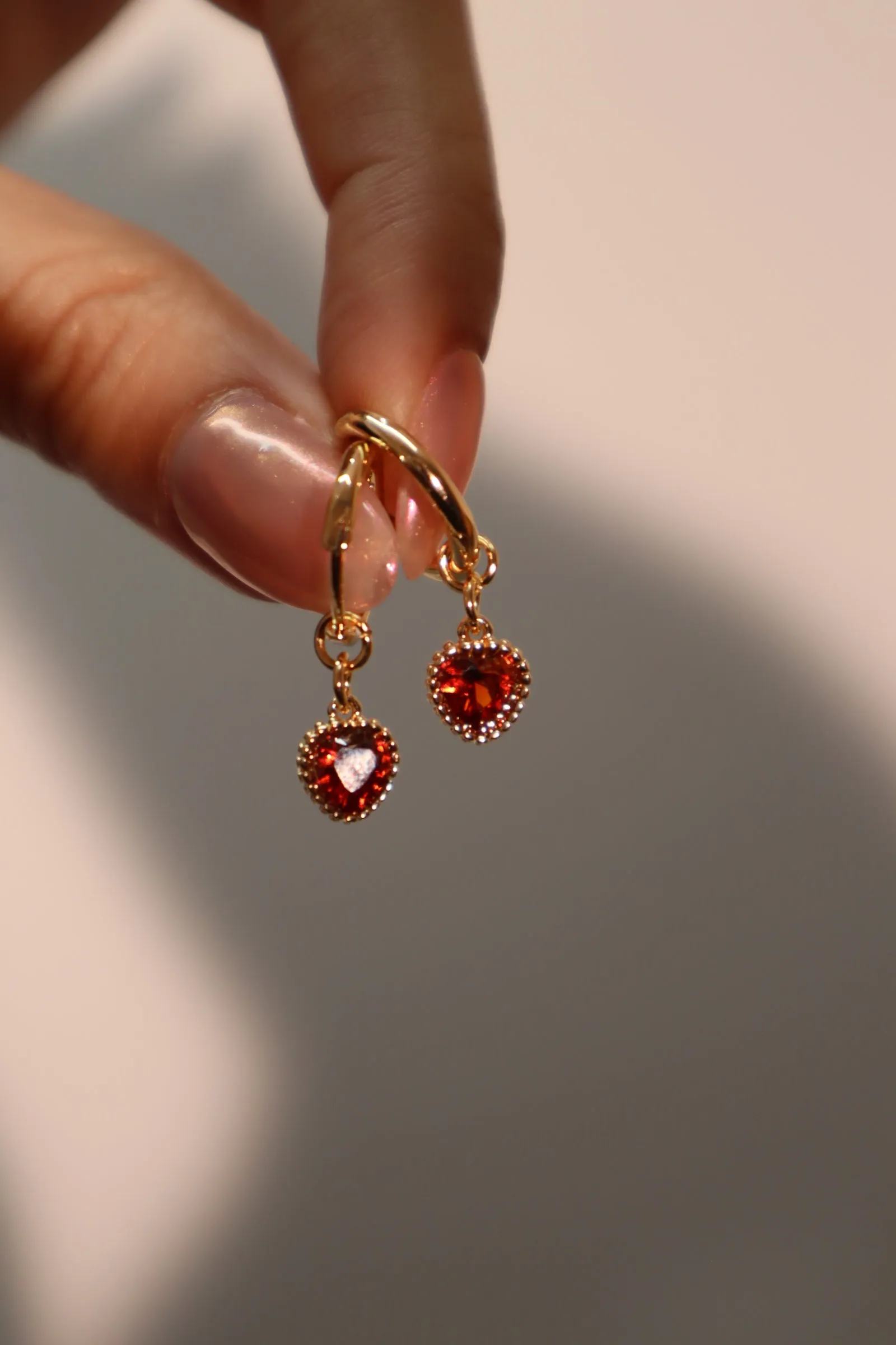 14K Real Gold Plated Red Gem Heart Earrings