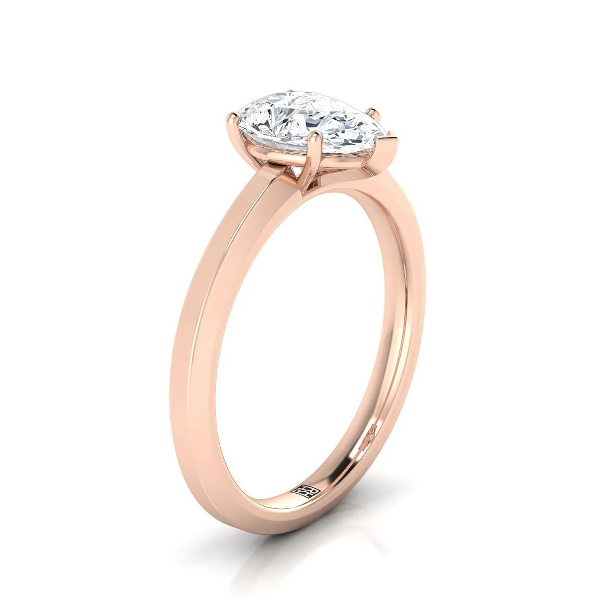 14K Rose Gold Pear Shape Center  Beveled Edge Comfort Style Bright Finish Solitaire Engagement Ring