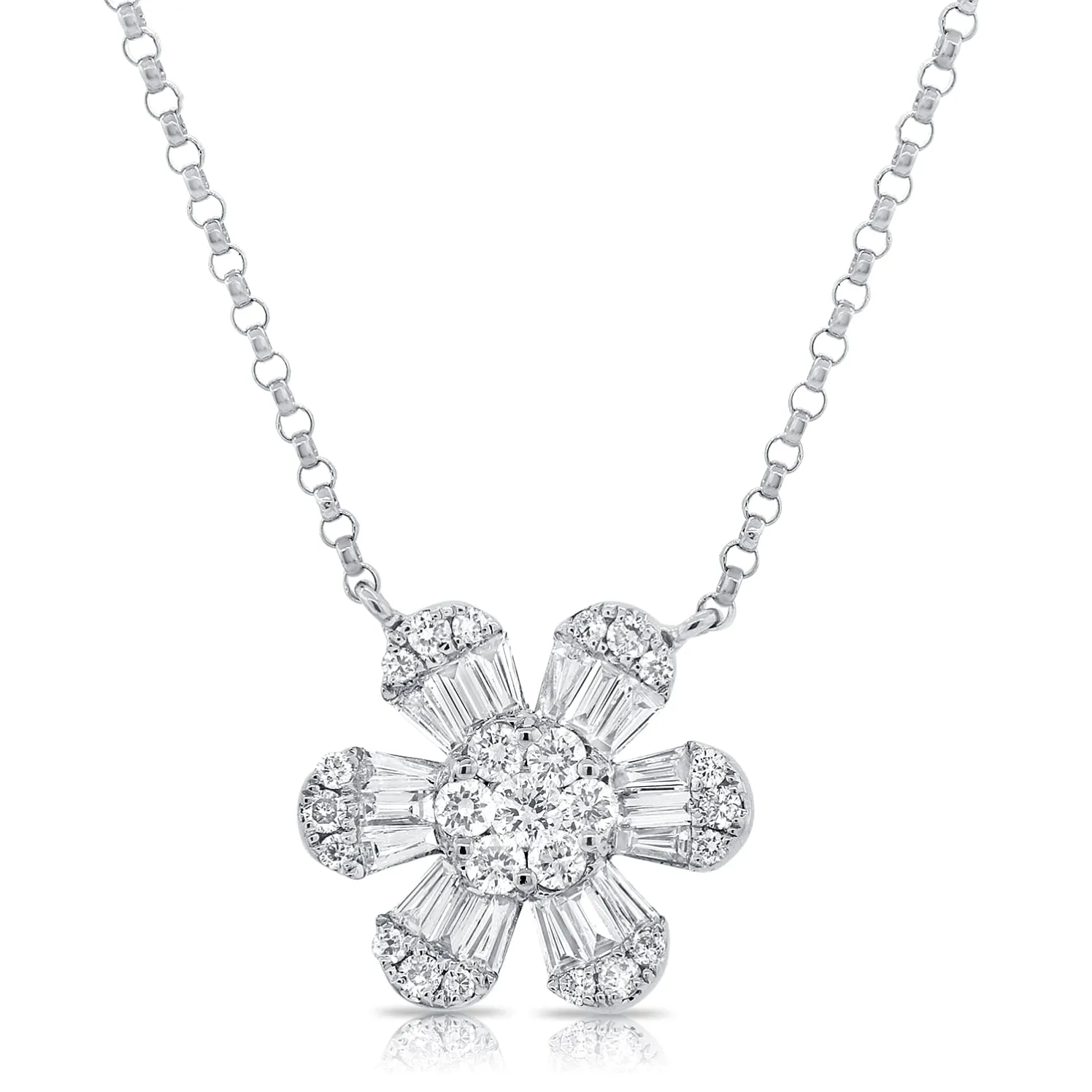 14K White Gold Baguette Diamond Medium Flower Necklace