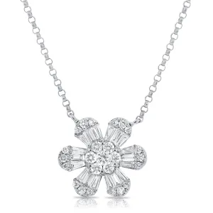 14K White Gold Baguette Diamond Medium Flower Necklace