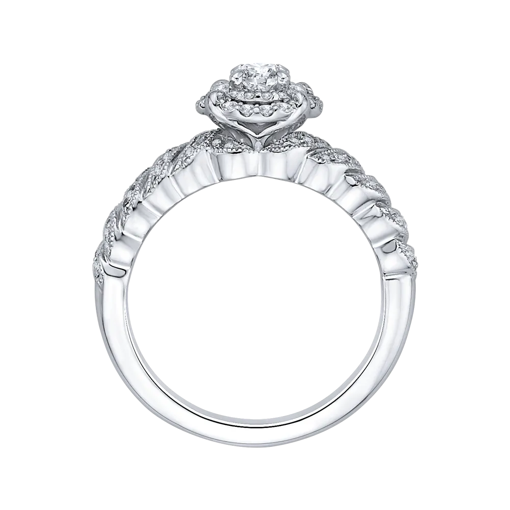 14K White Gold Round Diamond Double Halo Floral Engagement Ring