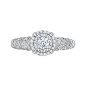 14K White Gold Round Diamond Double Halo Floral Engagement Ring
