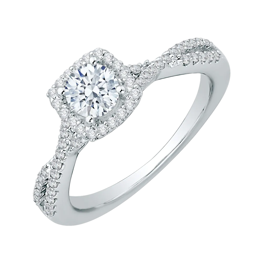 14K White Gold Round Diamond Halo Engagement Ring with Split Shank