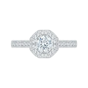 14K White Gold Round Diamond Octagon Shape Halo Engagement Ring