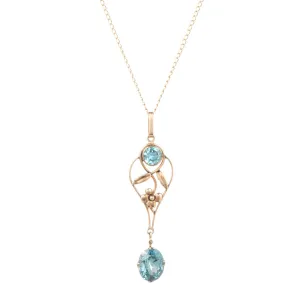 1940's Floral Lavaliar Pendant with Blue Zircon