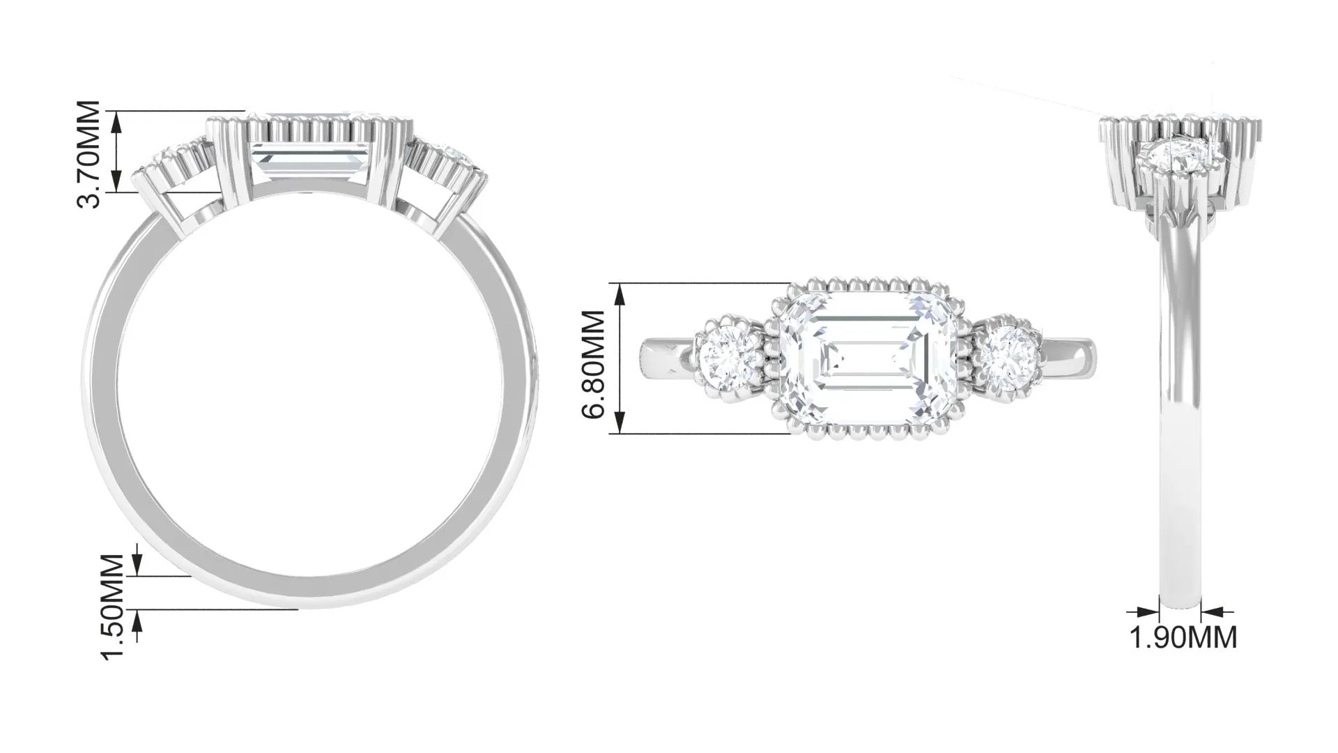 2 CT Moissanite Three Stone Engagement Ring in East West Pattern