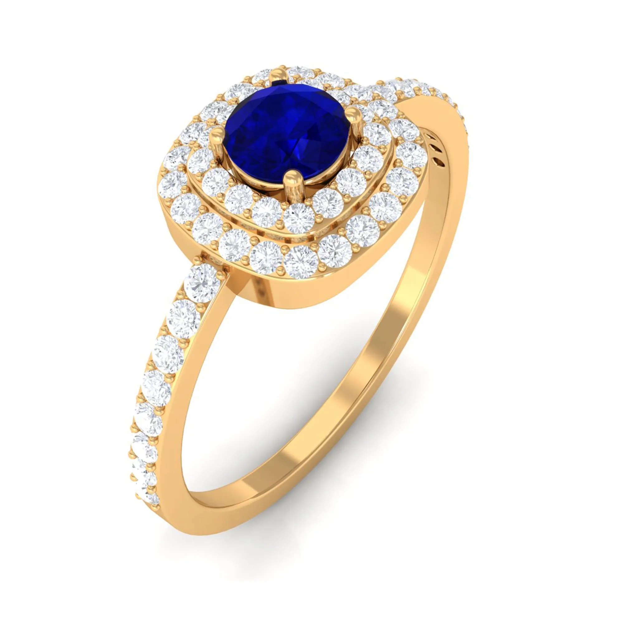 3/4 CT Classic Blue Sapphire Double Halo Engagement Ring with Diamond