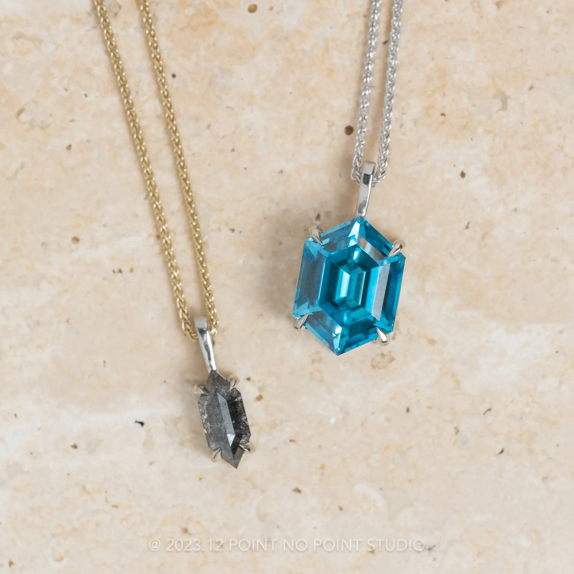 4.99 Carat Blue Hexagon Zircon Necklace, 14k White Gold