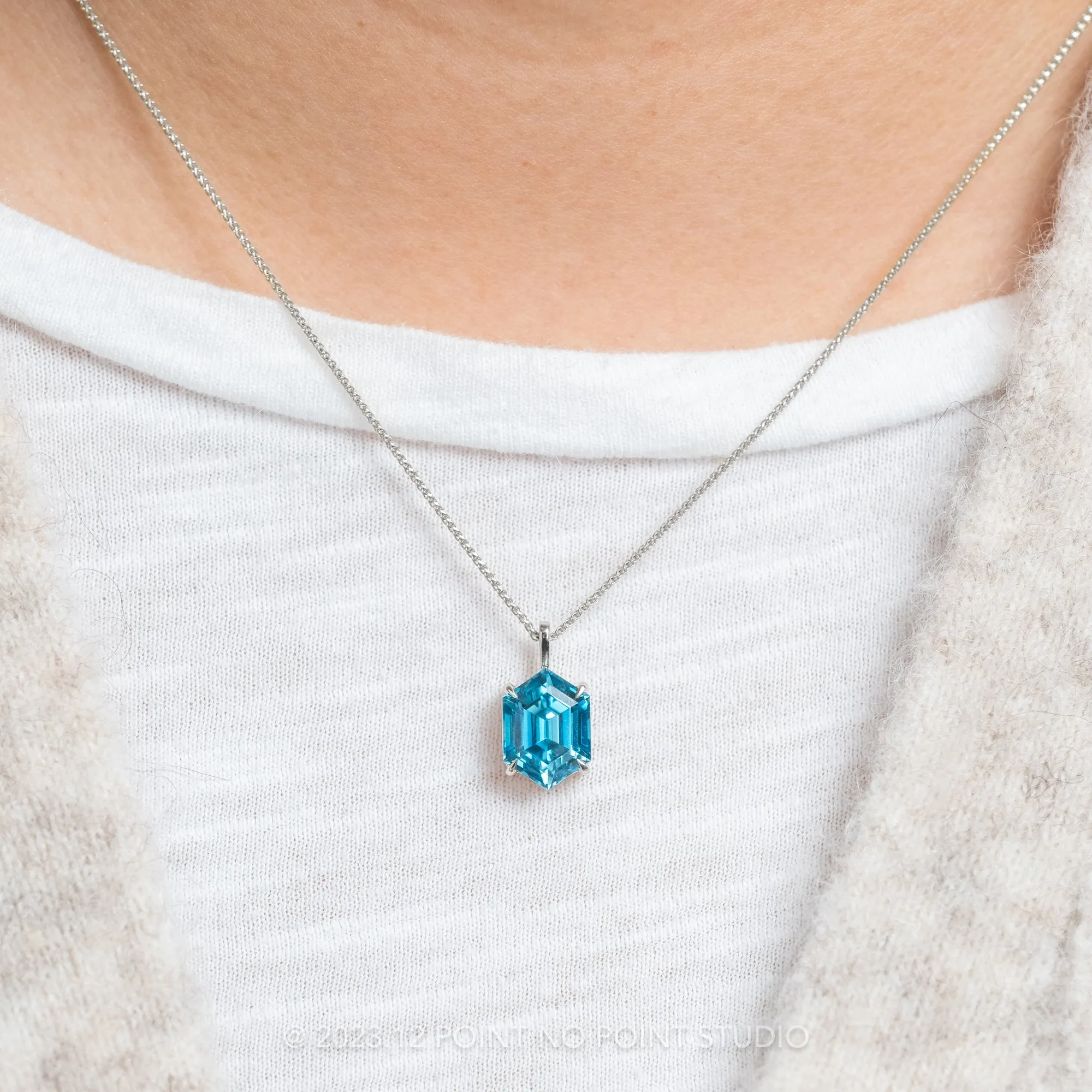 4.99 Carat Blue Hexagon Zircon Necklace, 14k White Gold