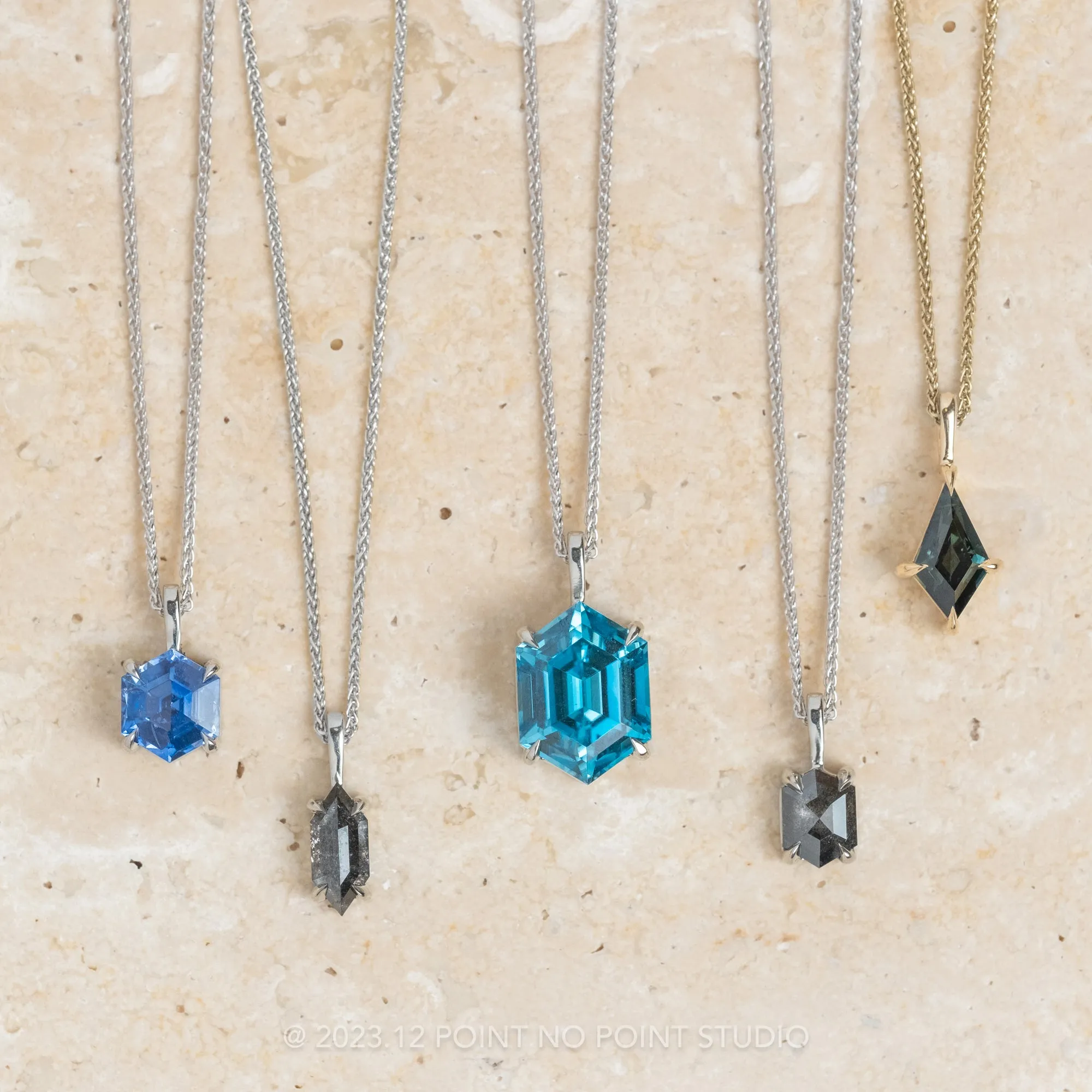 4.99 Carat Blue Hexagon Zircon Necklace, 14k White Gold