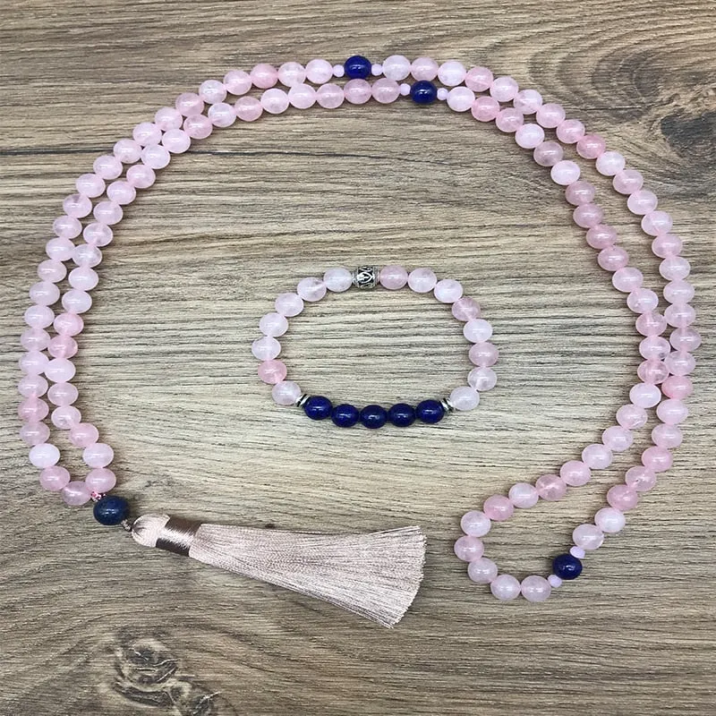 8mm Rose Quartz Lapis Lazuli Japamala Set Meditation Yoga Spiritual Jewelry