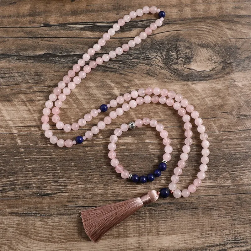 8mm Rose Quartz Lapis Lazuli Japamala Set Meditation Yoga Spiritual Jewelry