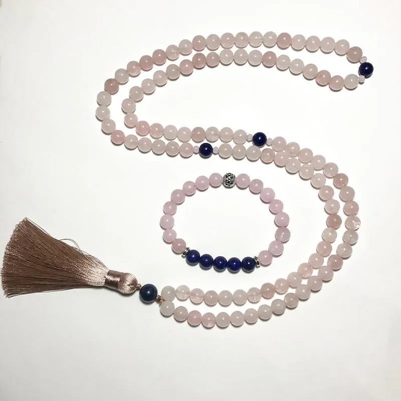 8mm Rose Quartz Lapis Lazuli Japamala Set Meditation Yoga Spiritual Jewelry