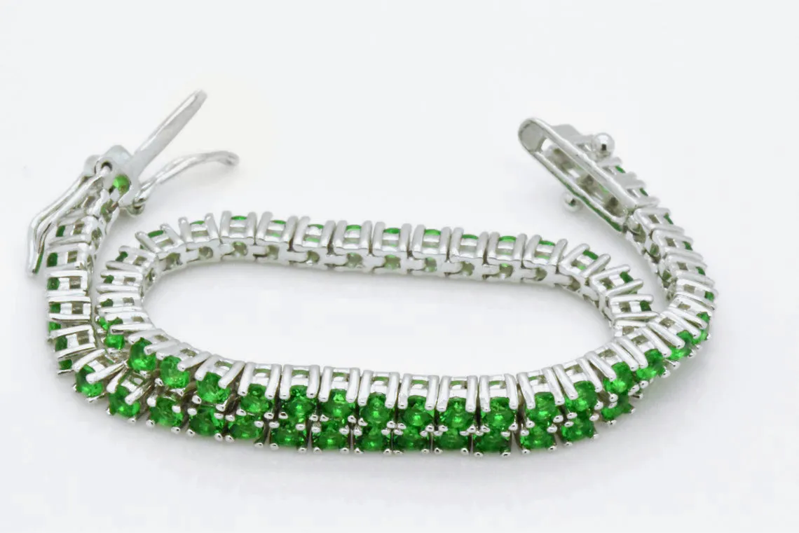 925 Sterling Silver Created Round Cut Green Emerald Tennis Bracelet