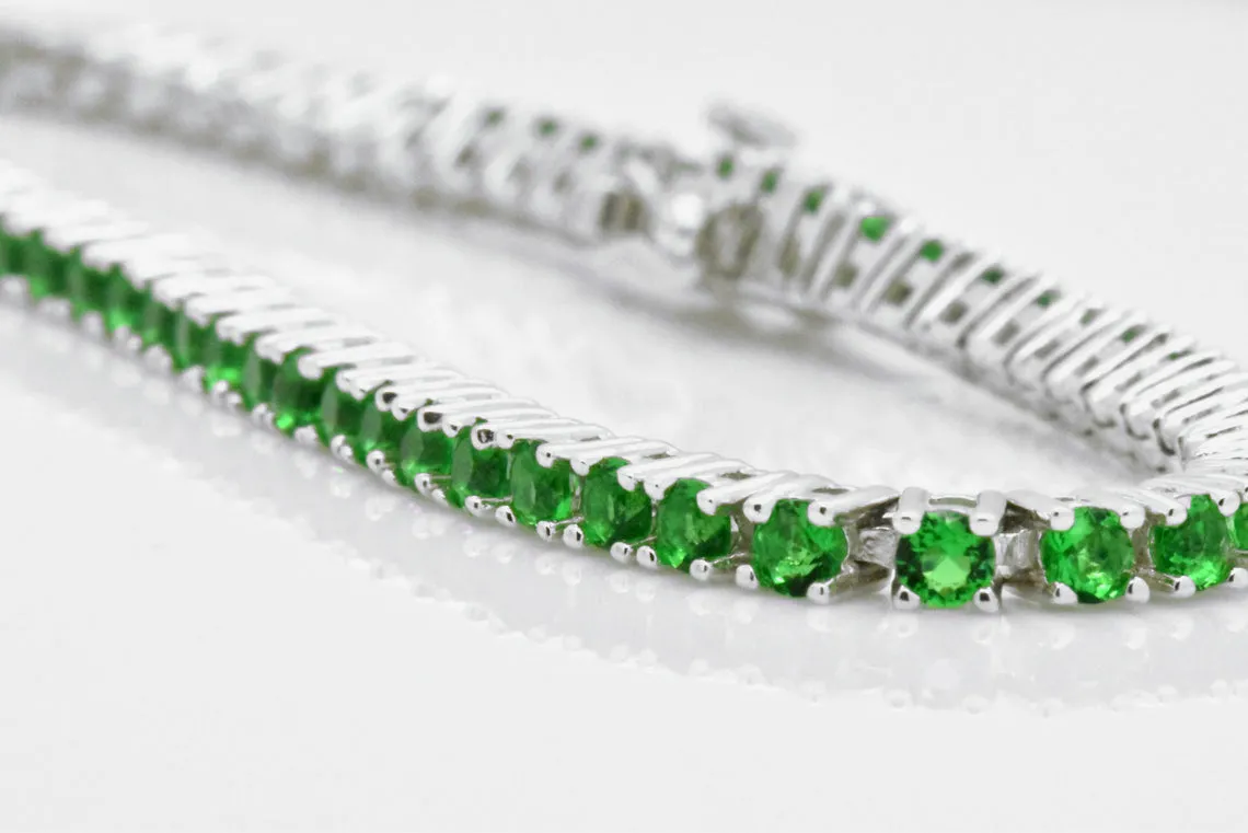 925 Sterling Silver Created Round Cut Green Emerald Tennis Bracelet