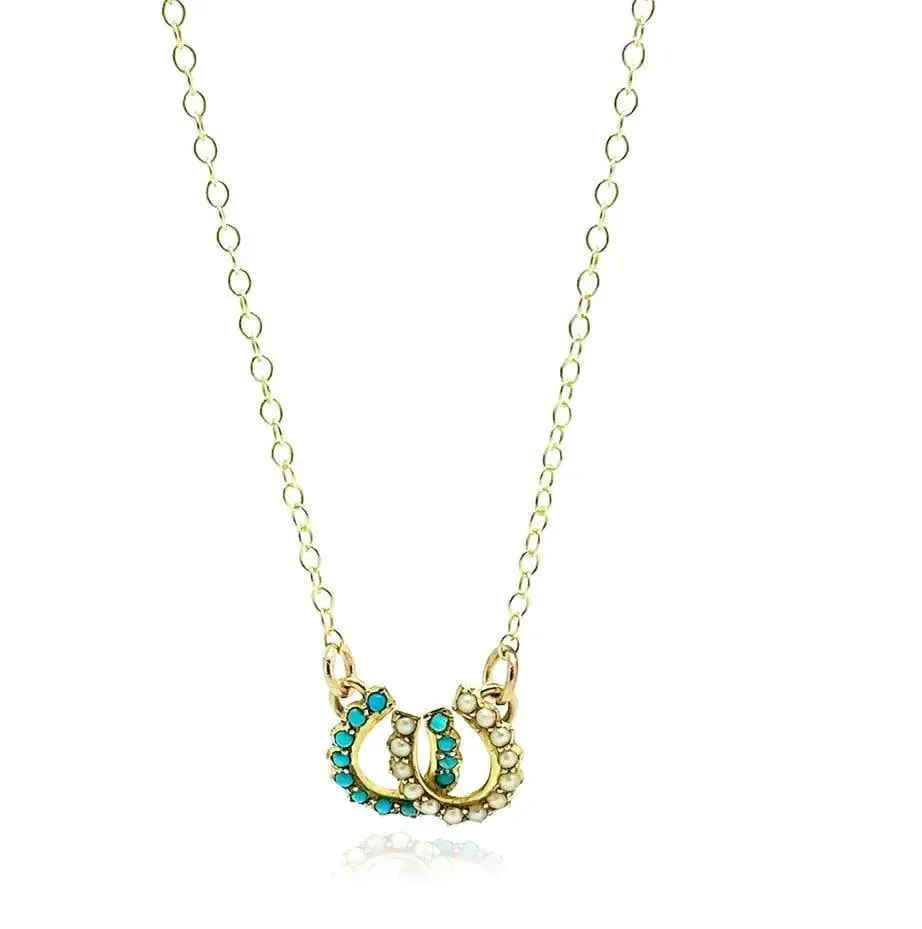 Antique Victorian Turquoise Pearl Double Horseshoe Necklace