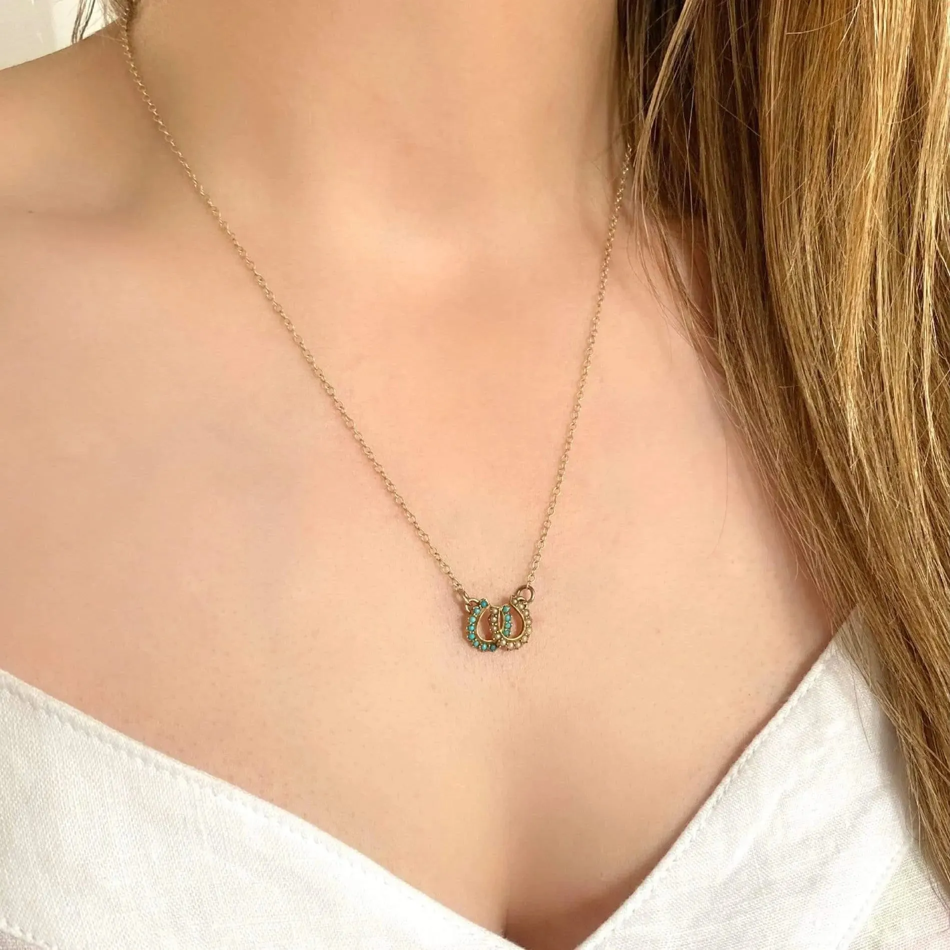 Antique Victorian Turquoise Pearl Double Horseshoe Necklace
