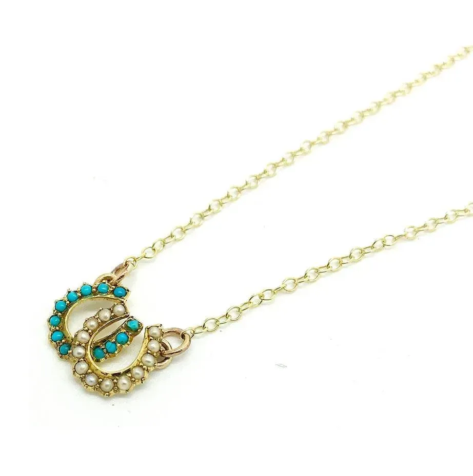 Antique Victorian Turquoise Pearl Double Horseshoe Necklace