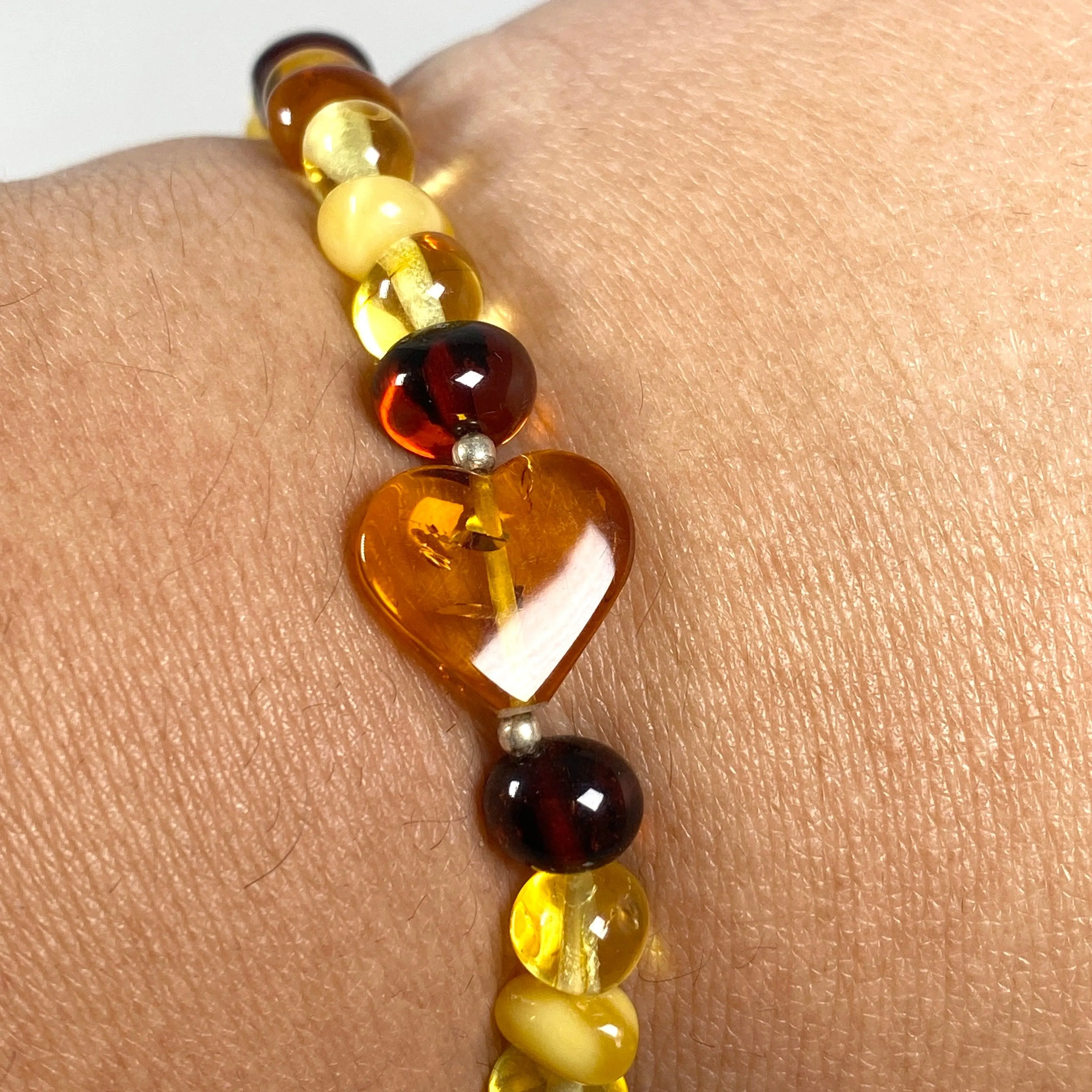 Baltic Amber multi stone 4mm beaded bracelet with heart AMB190