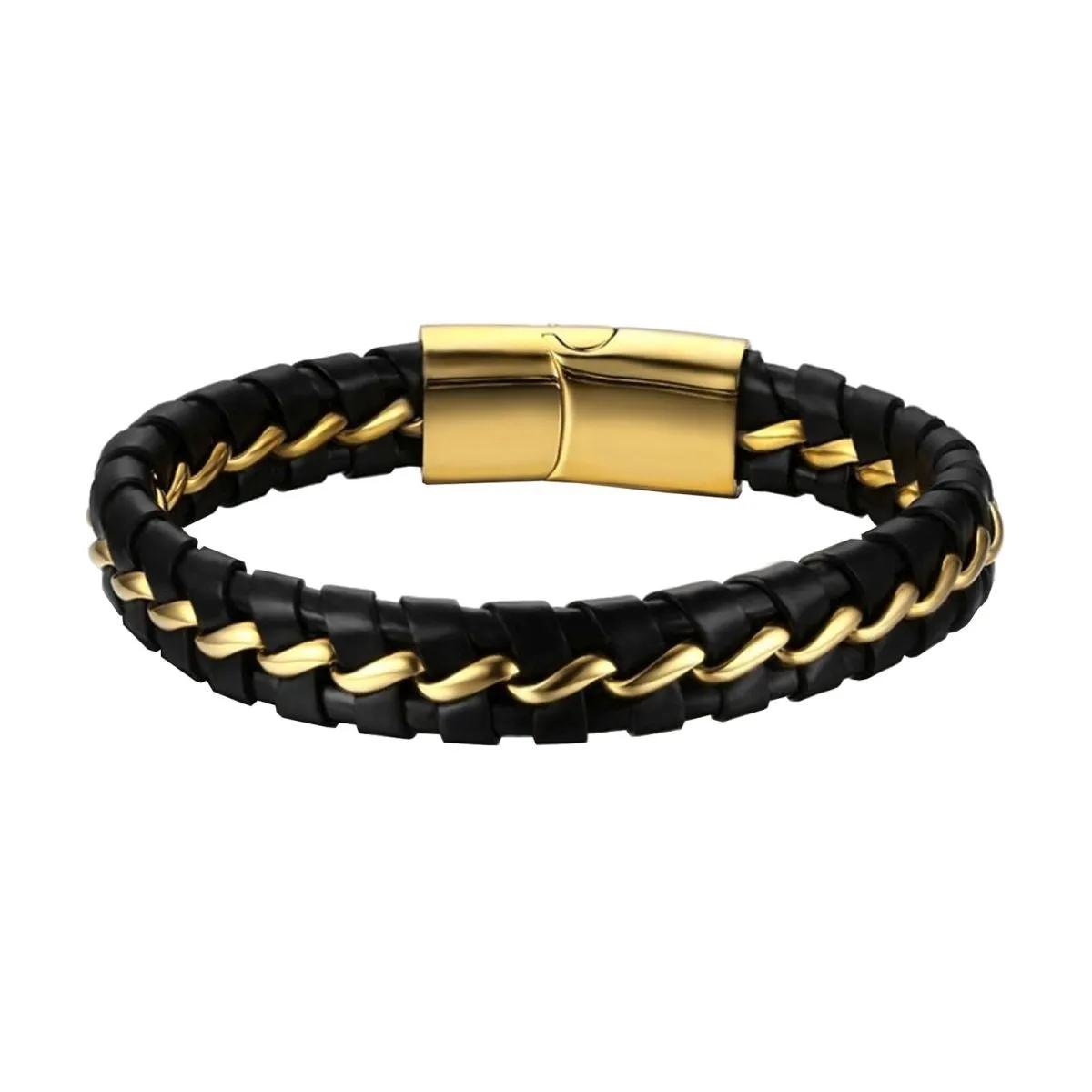 Black Braided Leather Gold Stainless Steel Bracelet For Men