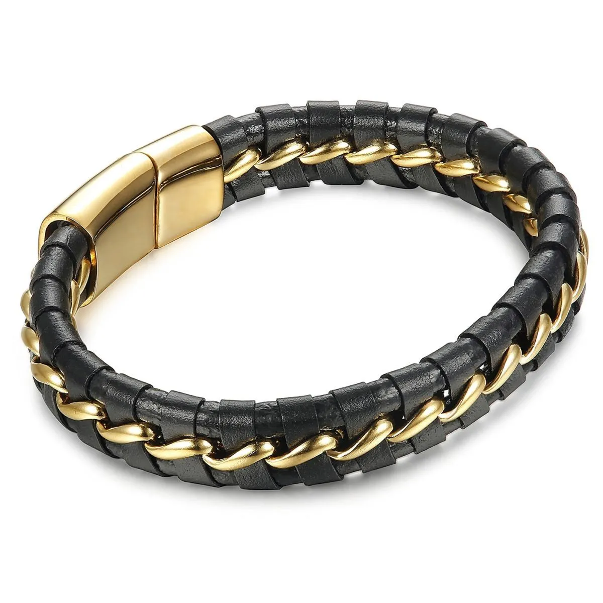 Black Braided Leather Gold Stainless Steel Bracelet For Men