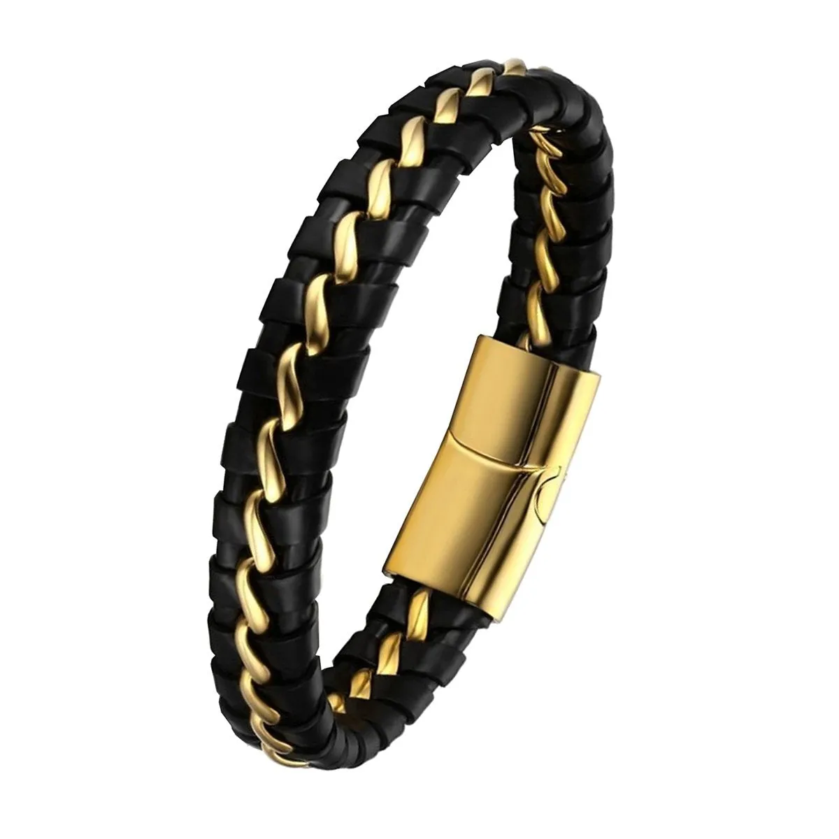 Black Braided Leather Gold Stainless Steel Bracelet For Men