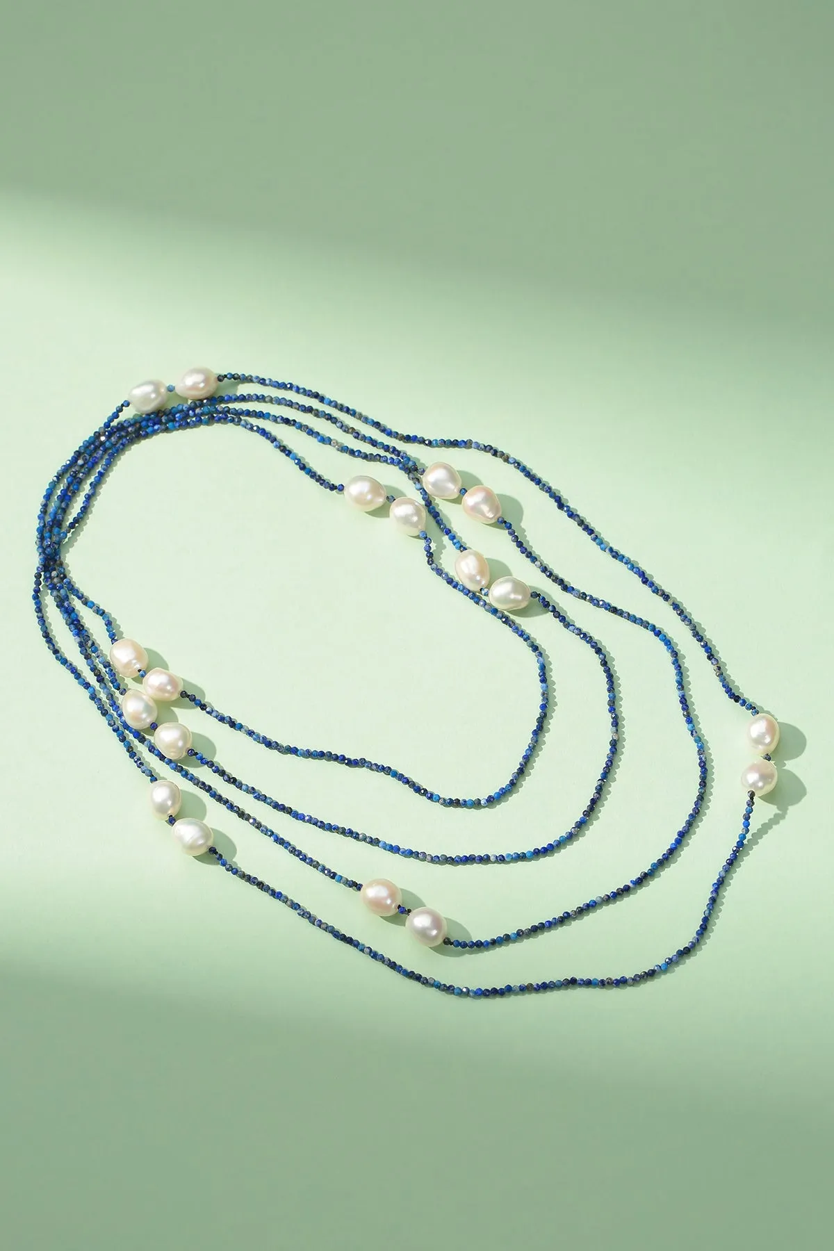 Blue Lapis Beaded Baroque Pearls Long Necklace