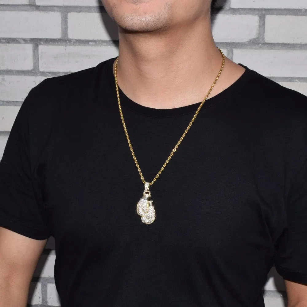 Boxing Gloves Pendant Necklace &amp; Pendant Gold Color Iced Cubic Zircon Men&#39;s Hip Hop Jewelry