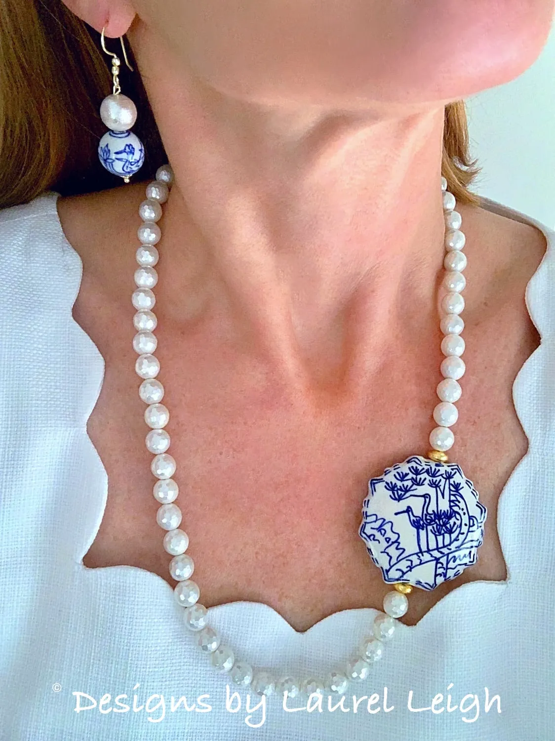 Chinoiserie Pearl/Bird Drop Earrings - Gold/Silver