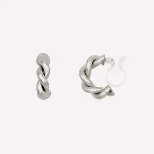 CHUNKY TWIST HUGGIE HOOP CLIP-ON EARRINGS IN SILVER