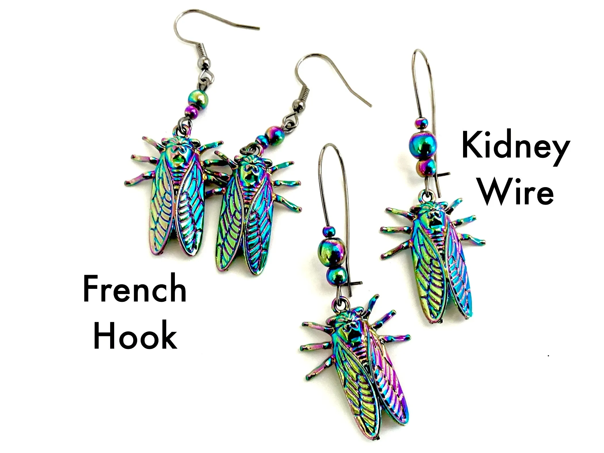 Cicada Earrings | Iridescent Rainbow Cicada Insect Charm Earrings | Forest Jewelry