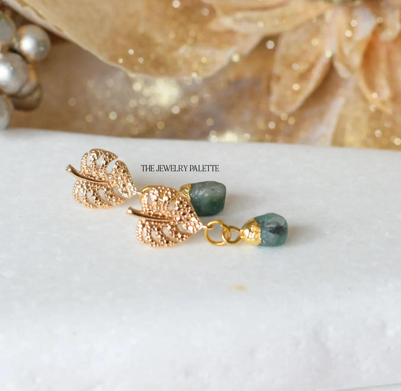 Dania gold leaf with gold edged emerald drop earrings