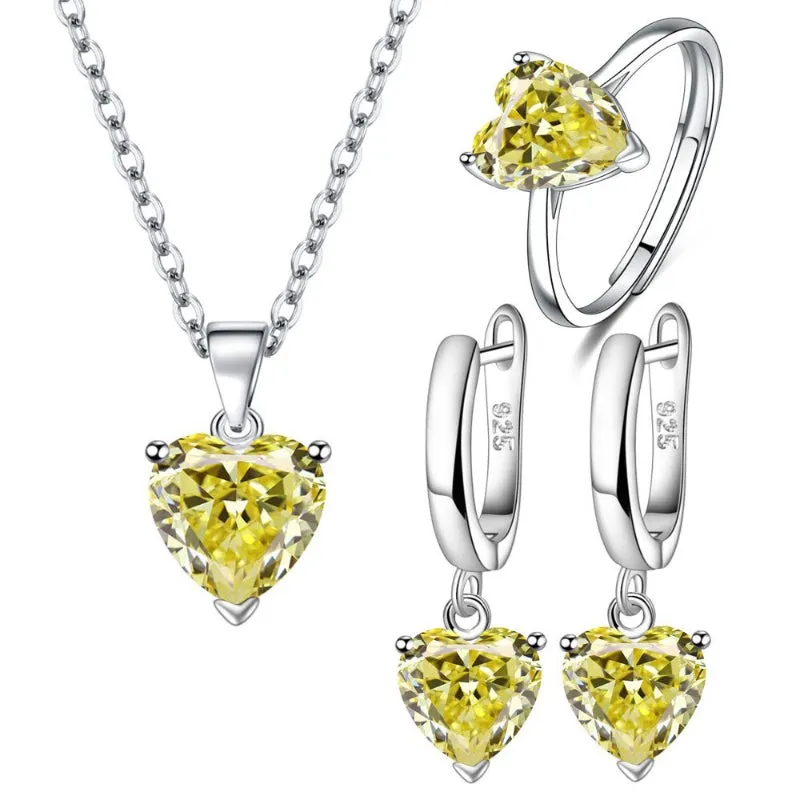 Elegant 925 Silver Heart Jewelry Set - Ring, Earrings, Necklace
