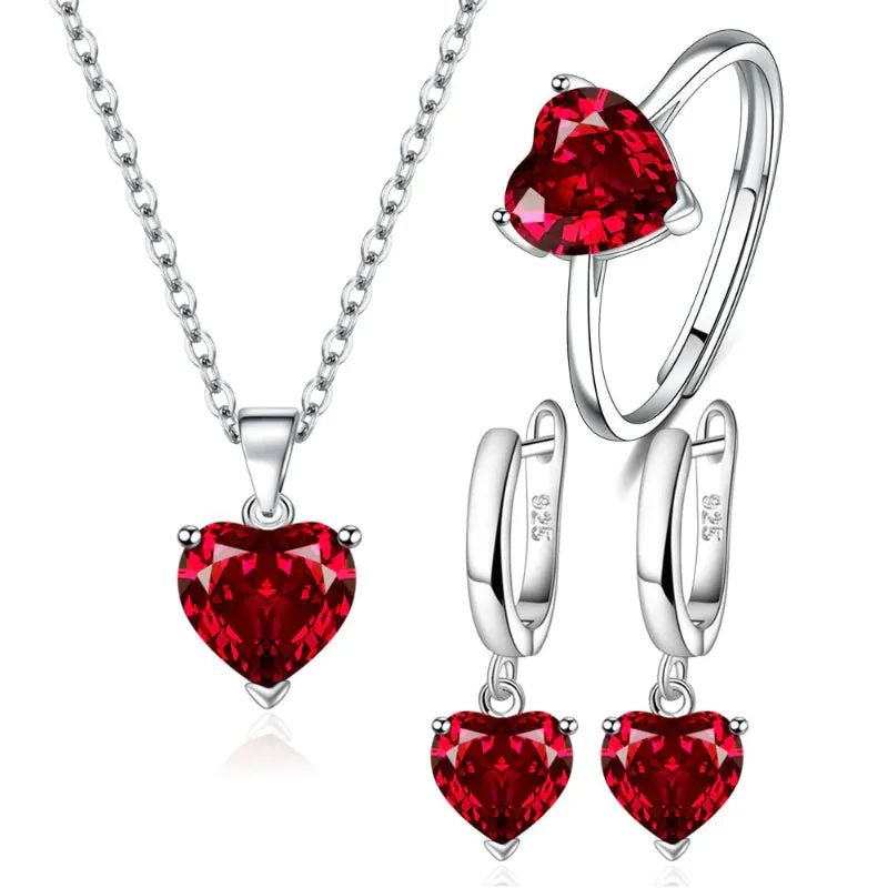 Elegant 925 Silver Heart Jewelry Set - Ring, Earrings, Necklace
