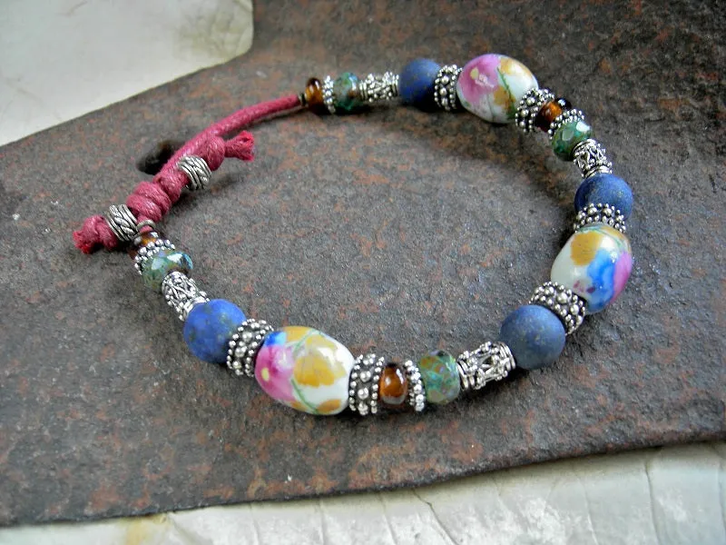 Flowery Field Adjustable Bracelet, Vintage Porcelain, Lapis & Silver