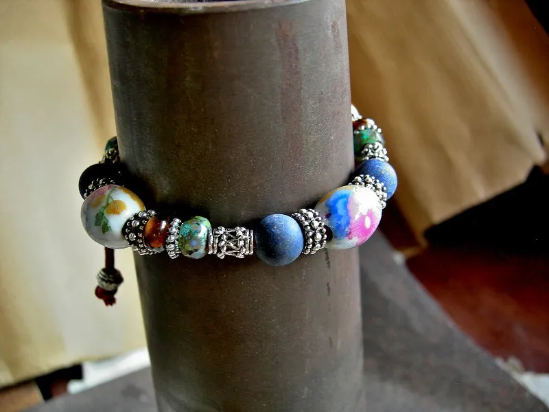 Flowery Field Adjustable Bracelet, Vintage Porcelain, Lapis & Silver