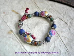 Flowery Field Adjustable Bracelet, Vintage Porcelain, Lapis & Silver