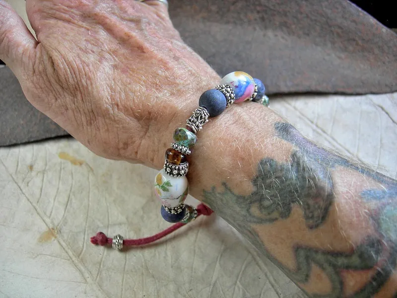Flowery Field Adjustable Bracelet, Vintage Porcelain, Lapis & Silver