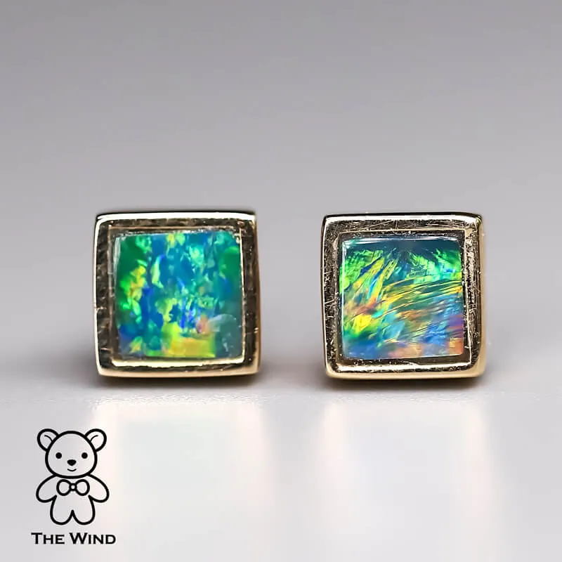 Geometric Square Shaped Australian Doublet Opal Stud Earrings 14K Yellow Gold