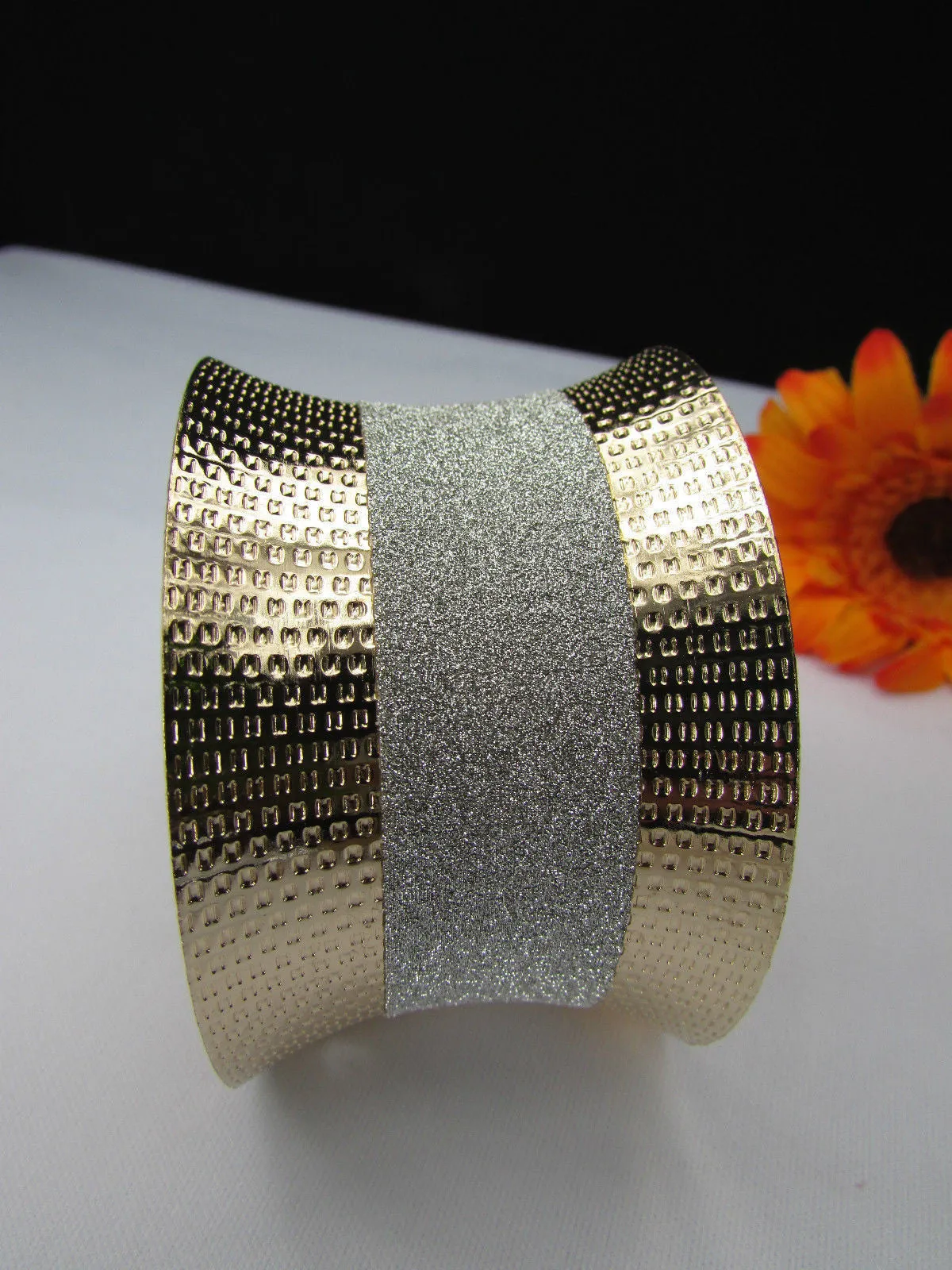 Gold Metal Cuff Bracelet Horizontal Silver Shiny Glitter Stripes