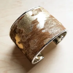 **Hair-on-Hide Tan and Gold Metallic Leather Cuff Bangle Bracelet 008q