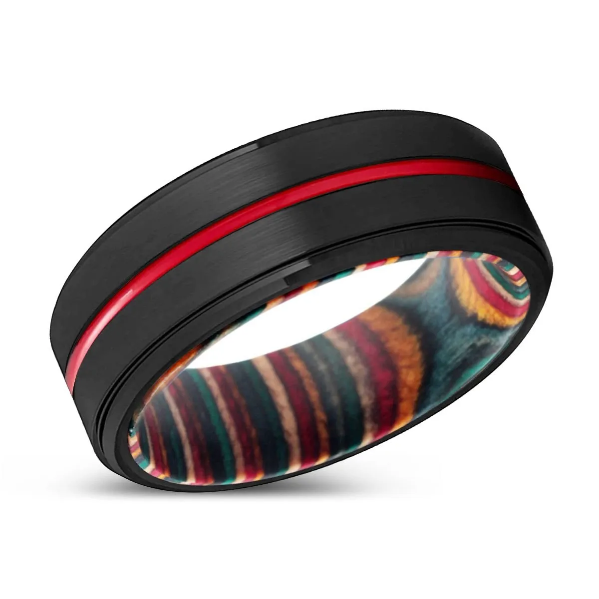 HANDSOME | Multi Color Wood, Black Tungsten Ring, Red Groove, Stepped Edge