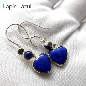 Lapis Carved Heart Earrings, 925 Sterling Silver