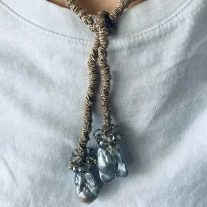 Mela lariat with drop Pearl   smoky crystal - Bronze