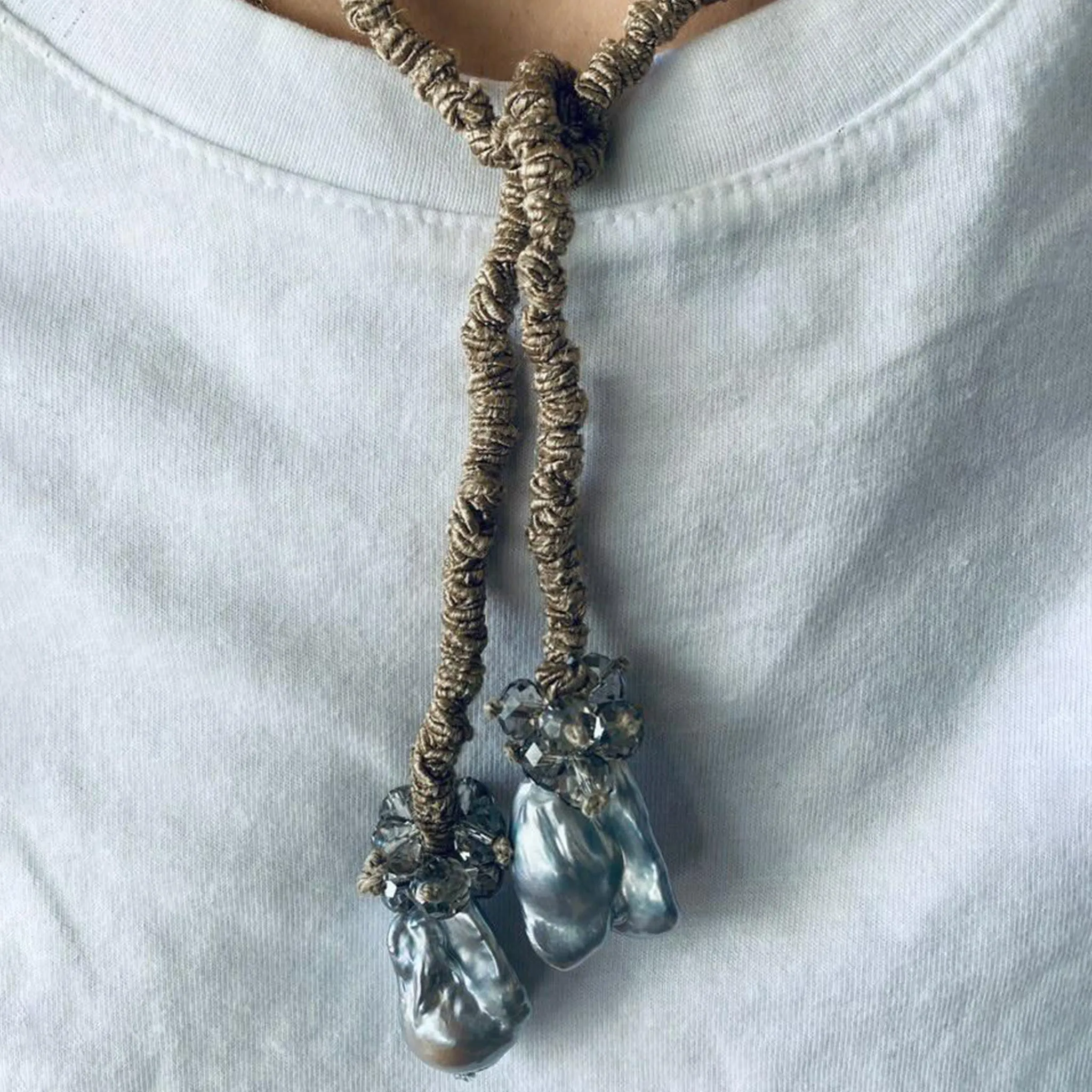 Mela lariat with drop Pearl   smoky crystal - Bronze
