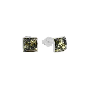 MILENA Stud Earrings Silver and Green Amber Mini Square 4mm