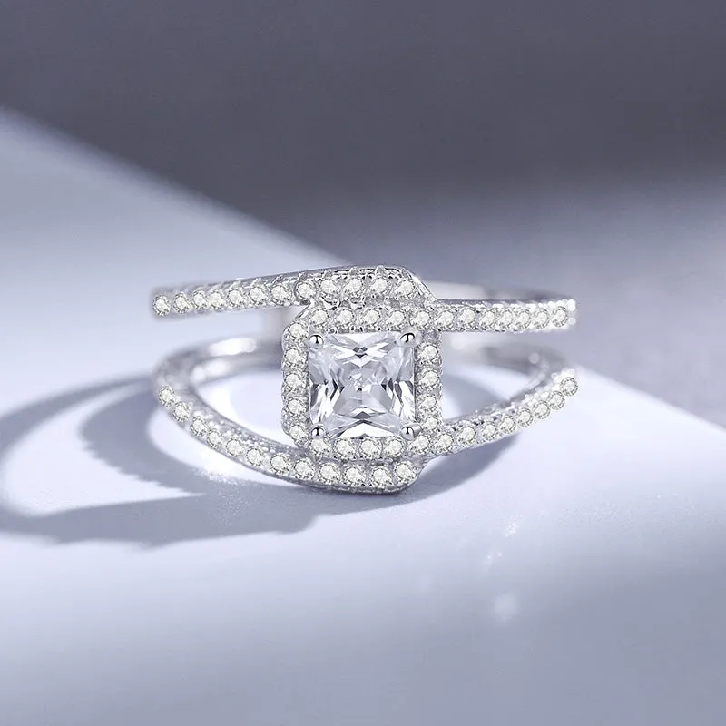 New princess-cut moissanite ring for women s925 sterling silver light luxury fashion pavé double-layer line ring