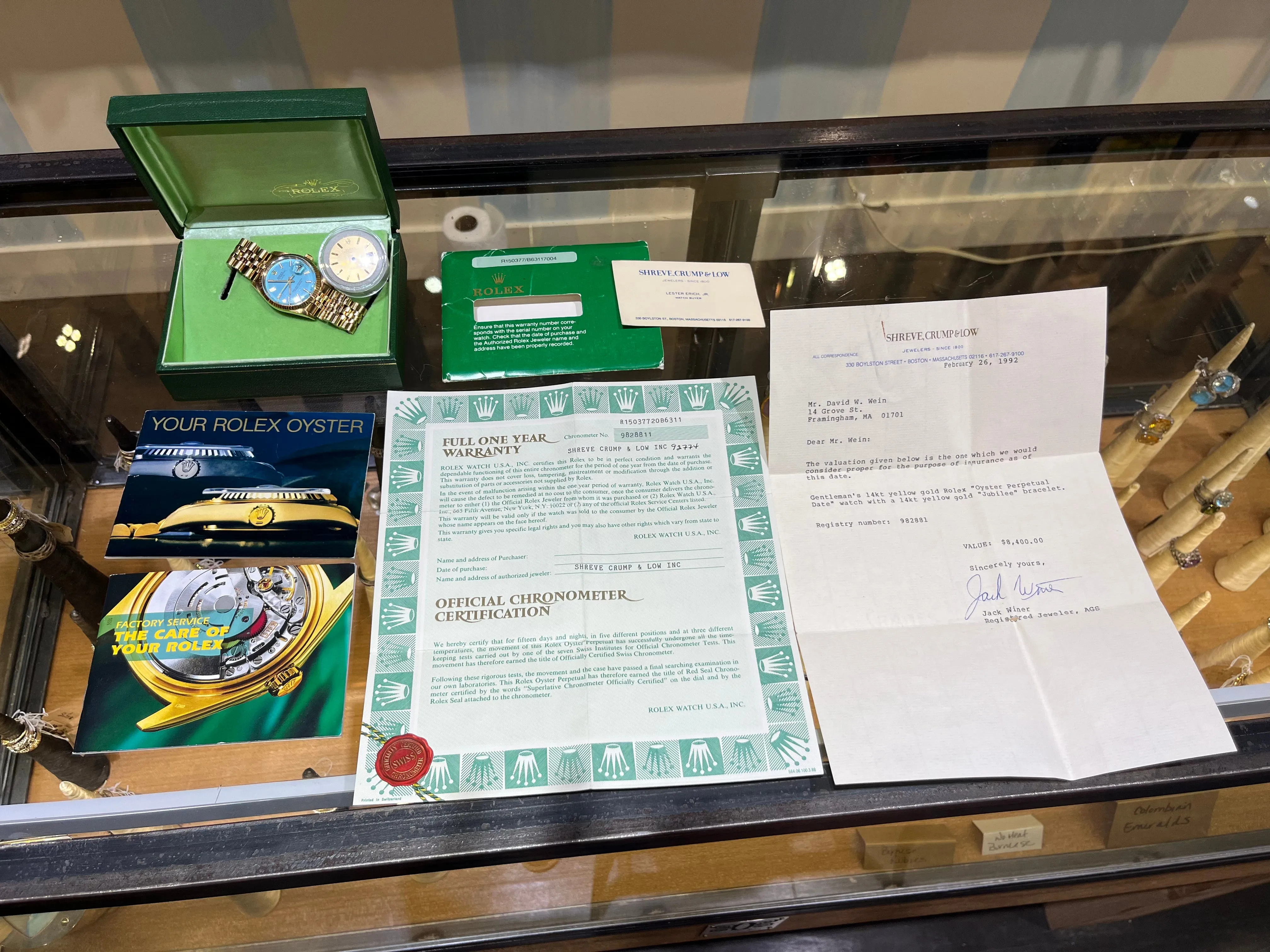 NOS 1987 14kt Gold Rolex Date ref 15037 Turquoise