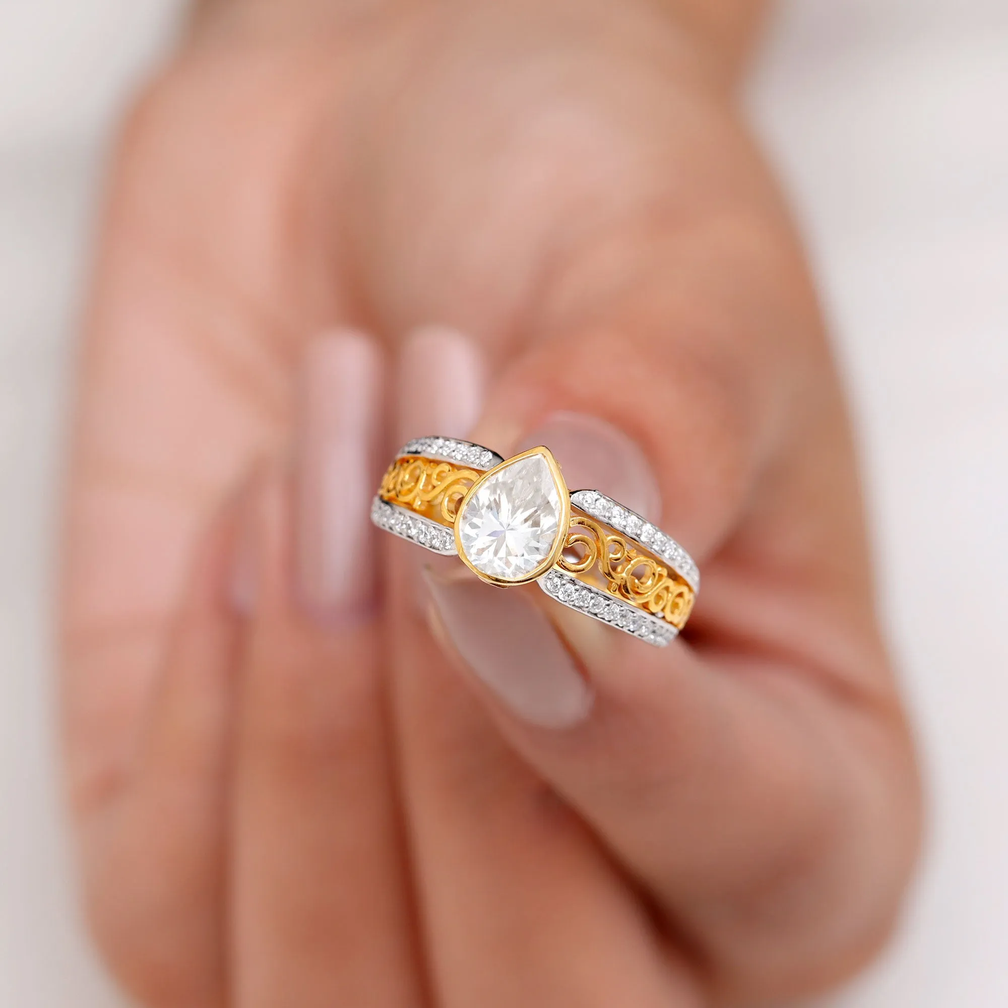 Pear Cut Solitaire Moissanite Two Tone Engagement Ring with Filigree Details